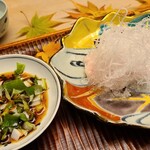 緒方 - ④雲子(船上処置、宮城県宮古産)の刺身、九条葱ポン酢
      産卵は冬～春、旬は秋～冬
      宮古では日戻り操業の沖合底曳漁業で漁獲され、洋上で施氷箱詰後に水揚げされるため、刺身に出来る鮮度の良さがあります 