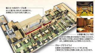 Kamado Shouri To Osake Kurobe - 店内の座席は全て掘りごたつ式をご用意。4名様から最大34名様までご利用頂ける大小6つの個室もご用意し、各種ご宴会からご法要まで幅広くご利用頂けます。