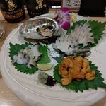 Sushi Tempura Gosakutei - ●夕食 単品。刺し(鮑ｱﾜﾋﾞ1628+ｳﾆ2178)+背子ｶﾆ(香箱)2178X2+白子ﾎﾟﾝ酢1078+銀杏748+焼酎ﾎﾞﾄﾙ3850=15,466円