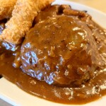 日乃屋カレー - ハンバーグは業務用っぽい味わいで
            肉の味わいが主張してくる普通な美味しさ