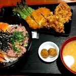 Joushuu ya - サーモン＆ネギトロ丼+揚げ物チョイス