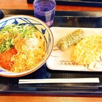 Marugame Seimen - ぶっかけうどん 並(温)明太子、おろしトッピング、竹輪の磯辺揚げ、れんこんの天ぷら