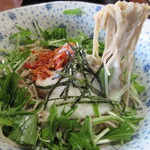 美よし家 - 日本そばの上に、長いもおろし、キムチ、水菜のせで、そばつゆをかけて食べます。