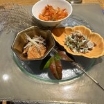 Sudachi - 豆苗と舞茸白和え、あん肝うま煮、白菜と桜エビのお浸し