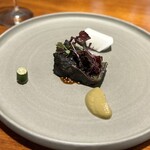 馳走西健一 - 活〆鯖の炭焼き 荏胡麻マスタードソースと焼茄子のピューレ