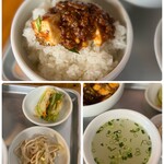 Ruroboi To Mabo Garu - オンザライスで♪ ヒーヒーハーハー！！(*´Д｀*) 
                      小鉢は、干し豆腐ともやしのナムル、
                      キャベツとニンジンの甘酢漬け、どちらも美味しいです。スープは、鶏出汁？のスープ。
