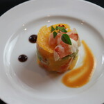 Shrimp, avocado and mandarin orange tartar with wasabi sauce