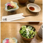Sushi Katsu - フレンチドレッシングのかけられたサラダはレタスやわさび菜がメイン。
                        サラダボウルでなくお椀なのが面白い♪(  ´艸`)
                        
                        香の物は、高菜炒め、赤かぶ、ガリ。