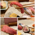 Sushi Katsu - 上から見ると、シャリが見えないくらいの大きなネタ！(*ﾟ∀ﾟ*)
                      赤シャリは、お箸で持ち上げるとホロリとなりました(*´-`) 
                      トロたくのシャリとネタの配分が、
                      めちゃくちゃ私好み♡