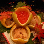 東條 - かぼす釜　イクラ・真子・なめこおろし・貝柱ガーリックオイル・カワハギもって菊昆布〆