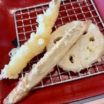 Tempura Meshi Ten Nosuke - 天ぷら到着！ごぼう、レンコン、海老