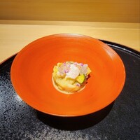 鮨 稲穂 - 白姫えび、烏賊、焼きナス、ズッキーニの酢味噌和え