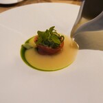 apothéose - 小田原いのちのいち米のブイヨン、軍鶏のラビオリ、はこべオータムポエム、ほうれん草