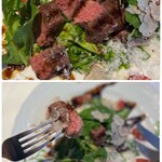 RISTORANTE VIA MARE - サラダ仕立てですが、ルッコラの下からは
      ゴロッとしたカットステーキがコンニチハ♪( ´▽｀)
      お肉は、絶妙な火入れでとってもやわらか〜〜いッ♡
      バルサミコソースもまろやかな酸味と甘さが絶妙♪