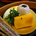 馳走なかむら - 小芋の田楽、キクナのおひたし、南京寄せ