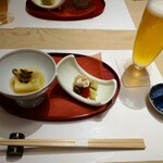 Owarisambun - 前菜とビール(スーパードライ)