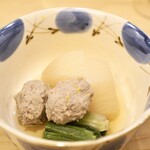 割烹 はらだ - かも団子　小蕪　ほうれん草うま煮