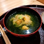 天ぷら浅沼 - かき揚げ天茶漬け・昆布出しとお煎茶の天茶、あおさ海苔がお抹茶みたいな緑色なの←家人のご飯