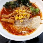こだわりらーめん　麺太 - 地獄ラーメン三丁目、小、太麺。背脂増し無料、別添えのバター無しでわかめをその分増量　880円