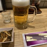うな鐡 - ビールと突き出し，振舞い酒(1月5日撮影)