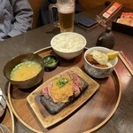 炙り肉寿司 梅田コマツバラファーム - ハラミステーキ&牡蠣フライ御膳（ご飯、お味噌汁、おかわり無料）