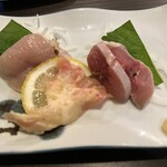 地鶏の里 永楽荘 - とり刺(左からむね、手羽、もも)