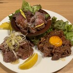 隠れ家個室 よしむら - 契約肉屋の肉盛り（牛タン、ローストビーフ、ロース）