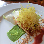 手打ち蕎麦とフレンチの やな木 - ＜2013年11月＞北海道産銀鮭のポワレ、小松菜ソースとアーモンドプール、赤かぶのソース