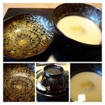 御料理 光安 - 蕎麦がきの白みそ仕立・・これも定番です。いい白みそを使用されていますので品のいいお味です。
      それにしてもこの「椀」の美しいこと。これだけの品を置いているお店は少ないでしょう。