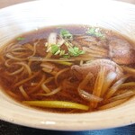 すし徳灑落 - 鴨南蛮蕎麦。握りと対照的に、甘くてコクのあるパンチの効いた汁。鴨も「鶏とは一線を画す」味わい。鴨らしい薫り、好きな人にはたまらんヤツです。噛み応えもたまんない。で、肉は何とか完食。