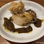 千陽 - 鮑と真鱈の白子の揚物を鮑の肝ソースとともに