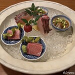 千陽 - 大間産の本鮪のトロに真鯛の焼霜造り､鯣烏賊の腑腸和え