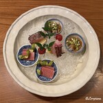 千陽 - 大間産の本鮪のトロに真鯛の焼霜造り､鯣烏賊の腑腸和え