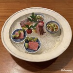 千陽 - 大間産の本鮪のトロに真鯛の焼霜造り､鯣烏賊の腑腸和え