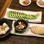 宿場 - 白子ポン酢ま、あん肝ポン酢、きゅうりの一本漬け