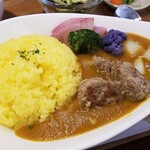 キッチン ブルー グローブ - フランスカレーとサフランライス　ポークポルベッティニと蒸し野菜のアップ