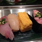寿司 魚がし日本一 - 131120 真鯵・帆立・厚焼き玉子・ねぎとろ軍艦