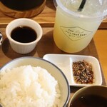 Cafe Rob - 本気ハンバーグ定食ダブル…1,500円(税込)左上はステーキたれ、右下は食べる醤油、ご飯で隠れてるところにわさびがあります