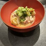 U.KAI - 鱈の白子、下仁田葱、唐辛子の火鍋
      　ゴマだれ、胡瓜、ピスタチオ