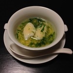 じん市 - 比内地鶏の卵を使った茶碗蒸し アオリイカのしんじょ 秋田のミツバと柚子胡椒風味で