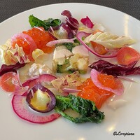 DADA - 八幡平サーモンといくらと根菜､新生姜のヴィネグレットと清流鶏とシューフルールとレ フルール デゥ コルザのテリーヌ 生落花生のソース