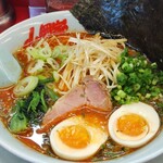 山岡家 - 辛味噌ラーメン　中辛　普通　白髪ねぎ、青ねぎ、玉子トッピング