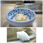 Sushi Uchio - ◆ガリは薄くスライスしお味付き。 ◆べったら漬け