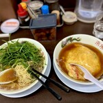 来来亭 - 天津飯定食、ネギラーメン普通盛り。　1360円