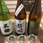 かすり - 利き酒三種第二弾。天穏は島根の溜まり醤油との相性が抜群。