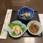 かすり - 珍味三種: 酒盗和え、海鮮明太マヨ和え、イカの沖漬け