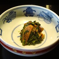 葉山 日影茶屋 - ひかげ弁当：先付（柿・菊菜・海老 荏胡麻和へ）