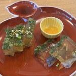 うなぎ亭 友栄 - すっぽんエンペラーの煮凝り1,200円
      ポン酢、すっぽんの卵の蜂蜜漬け付き