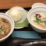 Shahouden Kayu Sanchin - 〈2023年12月〉ハーフ＆ハーフ　酸辣湯麺・蒸し鶏とみょうがのおかゆ・肉まん・杏仁豆腐