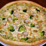 Seafood Genovese pizza with shrimp, scallops, and squid